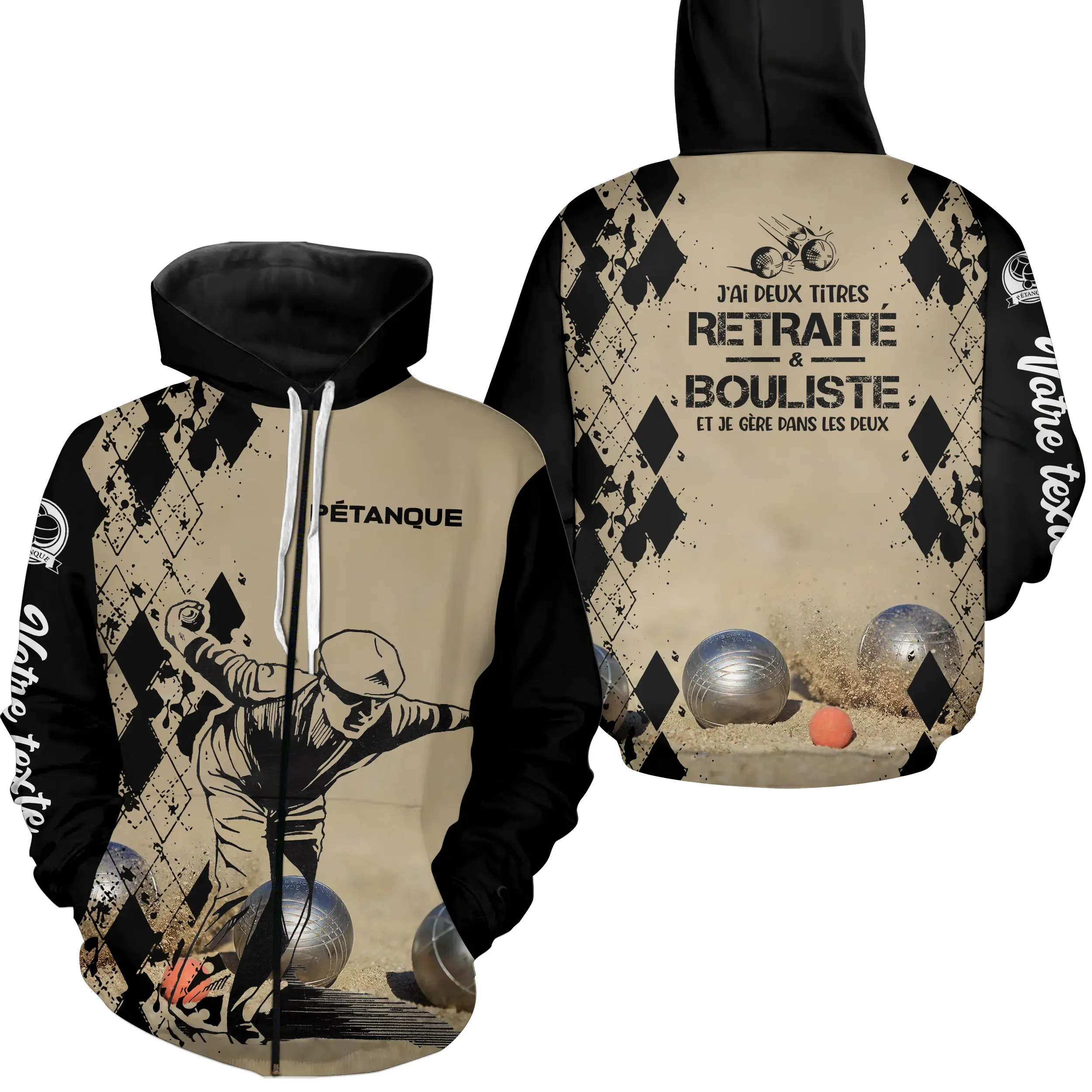 Sweat À Capuche Pétanque, Cadeau Humour Personnalisé Bouliste, J'ai Deux Titres Retraité Et Bouliste - CT21102303
